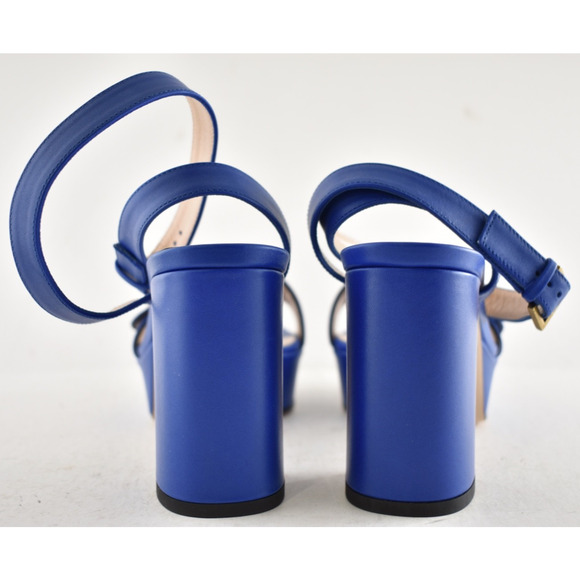 Gucci Marmont Blue Leather Gold G Logo Block Heel Ankle Strap Platform Sandal 36 - Picture 11 of 12